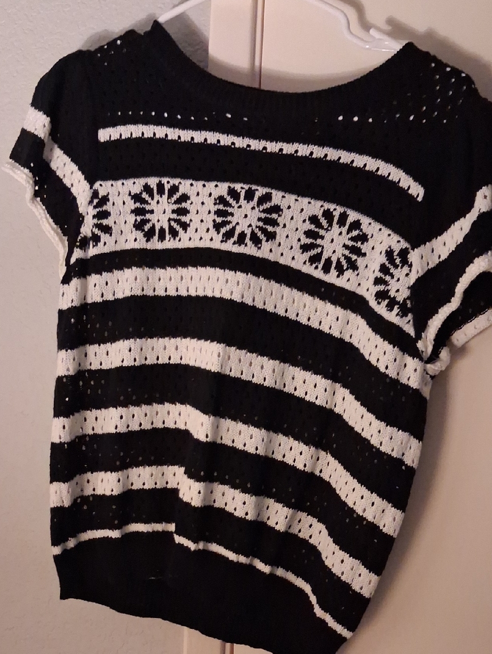 Women's Black & White Striped Open-Knit Sweater Top